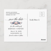 桃エレガントネイビーブルーフローラ写真の保存日付 ポストカード (裏面)