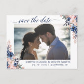 桃エレガントネイビーブルーフローラ写真の保存日付 ポストカード (正面)