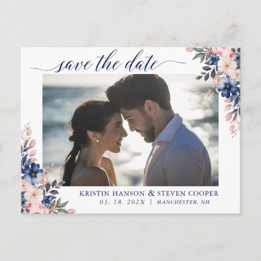 桃エレガントネイビーブルーフローラ写真の保存日付 ポストカード (正面)