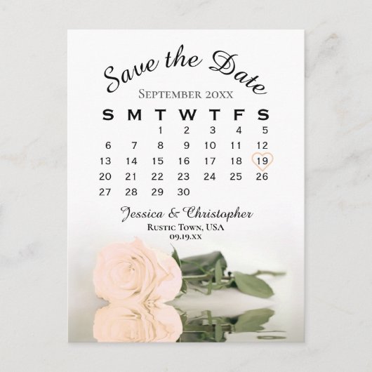 桃エレガントバラの結婚カレンダー日付を保存 案内ポストカード (正面)