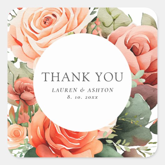 桃エレガントバラ結婚の感謝 スクエアシール (正面)