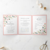 桃エレガントピンクの水色フローラの結婚食事 三つ折り招待状 (内部)