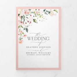 桃エレガントピンクの水色フローラの結婚食事 三つ折り招待状