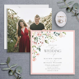 桃エレガントピンク水彩フローラ結婚の写真 招待状