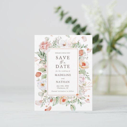 桃エレガントフローラ水の色の保存日付 案内ポストカード (スタンド正面)