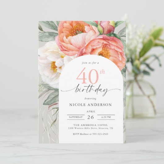 桃エレガントフローラ40フェミニン歳の誕生日 招待状 (スタンド正面)