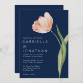 桃エレガント水色チューリップネイビーブルー結婚ズ 招待状 (正面/裏面)