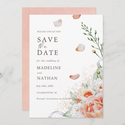 桃エレガント水色フローラ保存日 セーブザデート (正面/裏面)