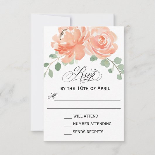 桃エレガント水色フローラ結婚式RSVP 出欠カード (正面)