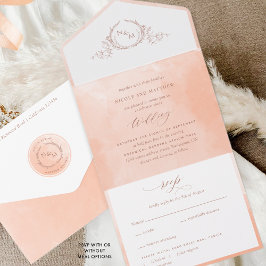 桃エレガント水色モノグラ結婚ムの全O オールインワン招待状