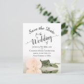 桃エレガント淡い色のバラ結婚式の日付を保存 案内ポストカード (スタンド正面)