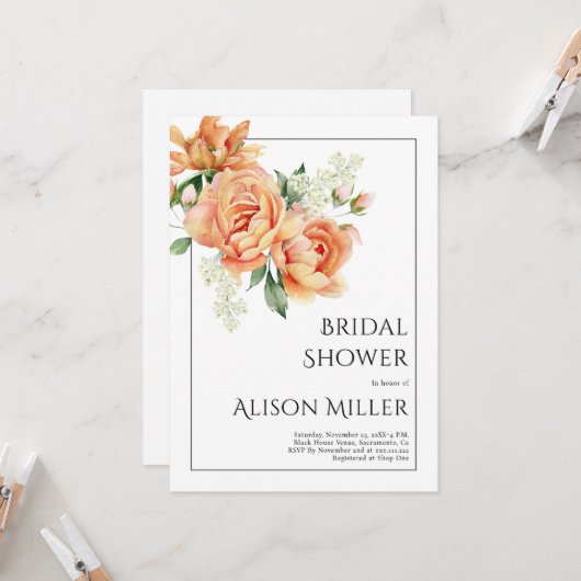 桃エレガント牡丹花ブライダルシャワー 招待状 (正面/裏面インサイチュ)