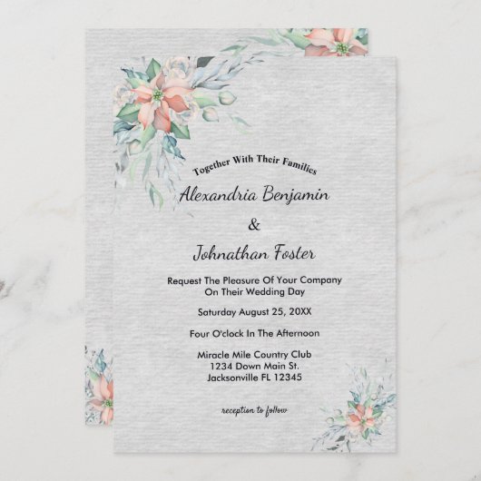 桃エレガント珊瑚花ブーケ結婚ーズ 招待状 (正面/裏面)