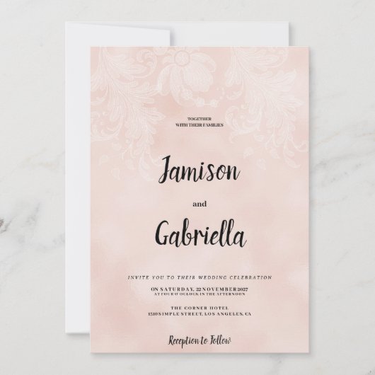 桃エレガント白の花のレース結婚フレーム 招待状 (正面)