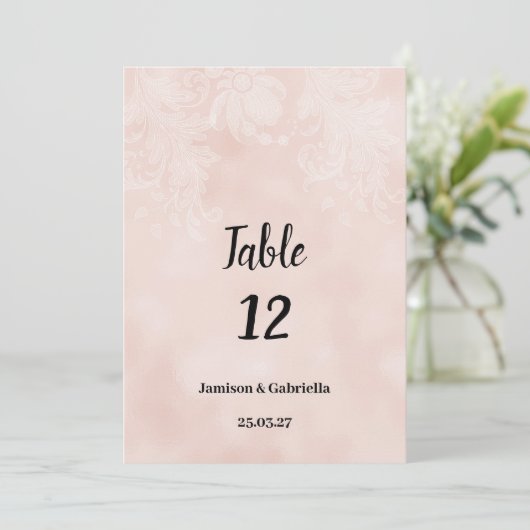 桃エレガント白フラワーレースのテーブル番号 招待状 (スタンド正面)