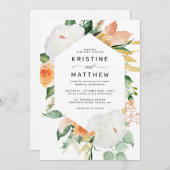 桃エレガント秋水色フローラフレーム結婚ズ 招待状 (正面/裏面)