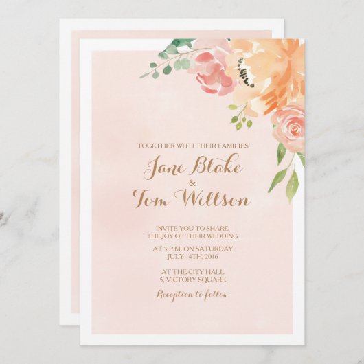 桃エレガント花水彩結婚式招待状 招待状 (正面/裏面)