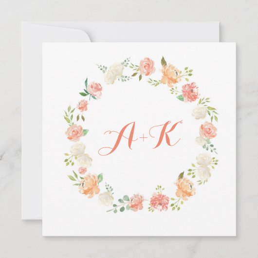 桃エレガント花水彩結婚式招待状 招待状 (正面)