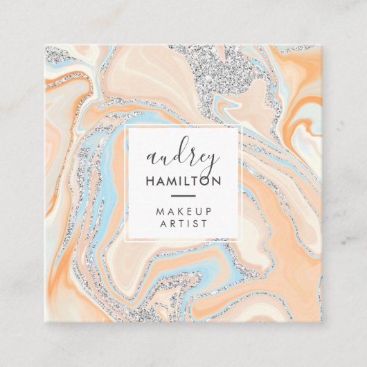 桃エレガント青の大理石シルバーメーク スクエア名刺 (正面)