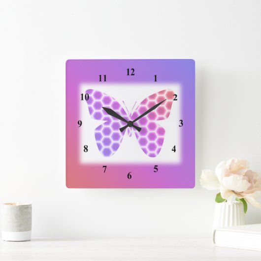 桃カラフル色の紫の幾何学模様の蝶アート スクエア壁時計 (ホーム)