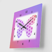 桃カラフル色の紫の幾何学模様の蝶アート スクエア壁時計 (傾斜)