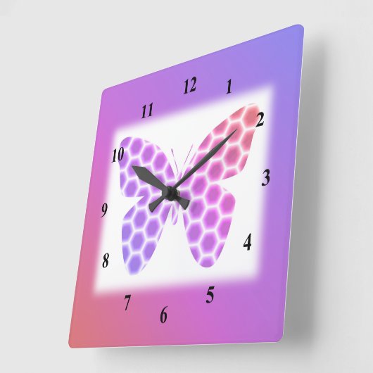 桃カラフル色の紫の幾何学模様の蝶アート スクエア壁時計 (傾斜)