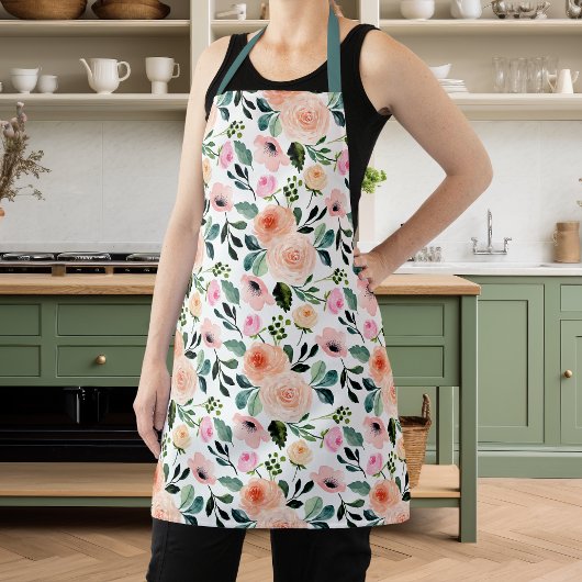 桃ガーリーとピンクのバラの水彩フローラ エプロン