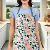 桃ガーリーとピンクのバラの水彩フローラ エプロン