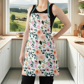 桃ガーリーとピンクのバラの水彩フローラ エプロン