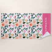 桃ガーリーとピンクのバラの水彩フローラ ビーチタオル (正面)