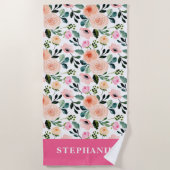 桃ガーリーとピンクのバラの水彩フローラ ビーチタオル (正面)