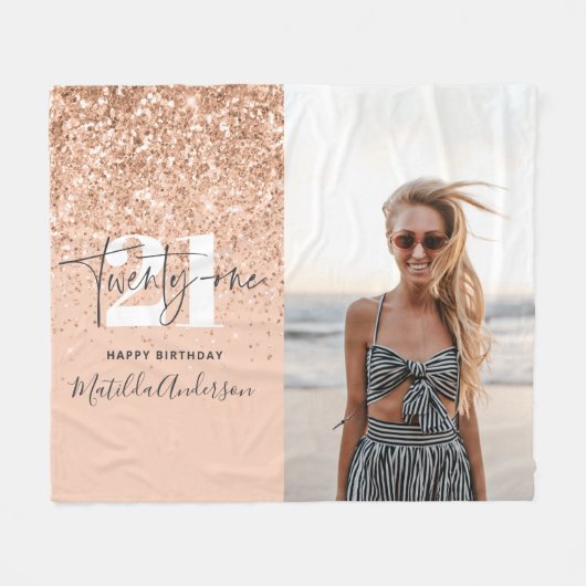桃ガーリーグリッターの写真21歳の誕生日  フリースブランケット (正面(横))