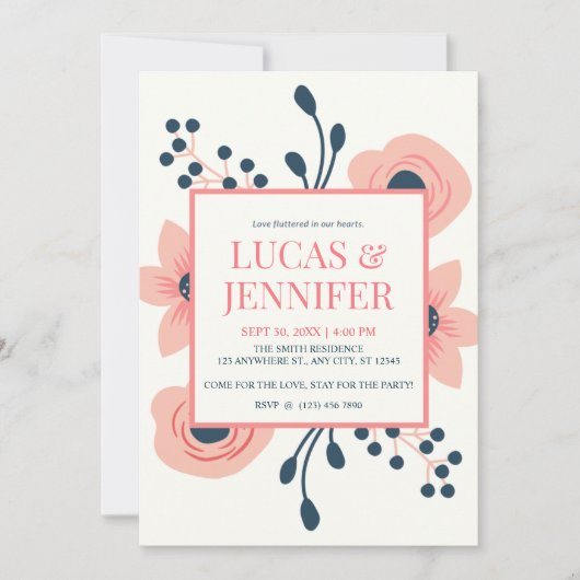 桃クリームと青素朴花結婚の 招待状 (正面)