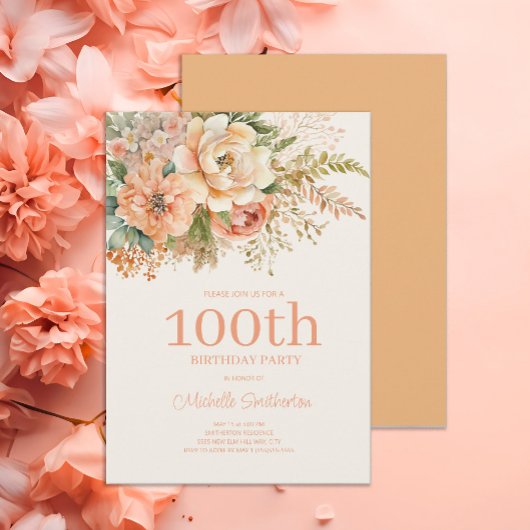 桃クリームフラワー 100歳の誕生日 招待状