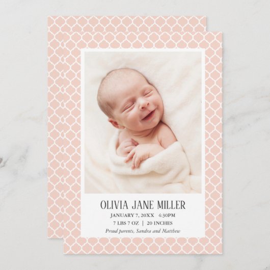 桃クローバーベビー誕生発表写真 案内状 (正面/裏面)