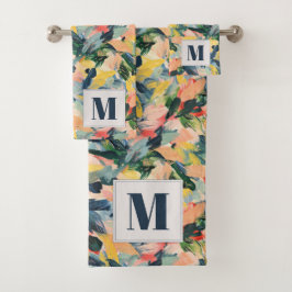 桃コンテンポラリーと青の抽象芸術フローラ バスタオルセット