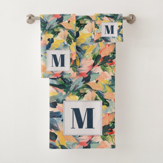 桃コンテンポラリーと青の抽象芸術フローラ バスタオルセット (インサイチュ)