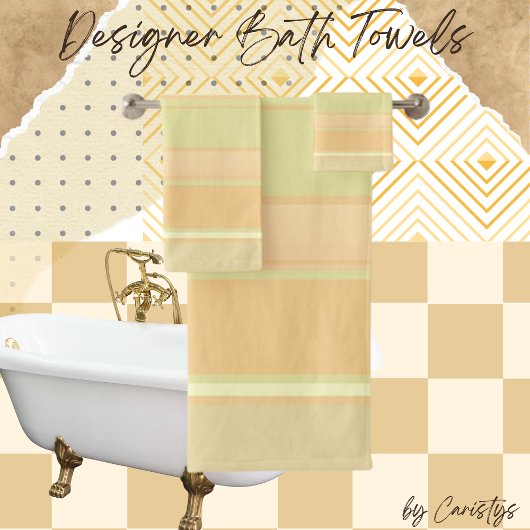 桃コンテンポラリーストライプの、クリーム、ライトグリーン バスタオルセット