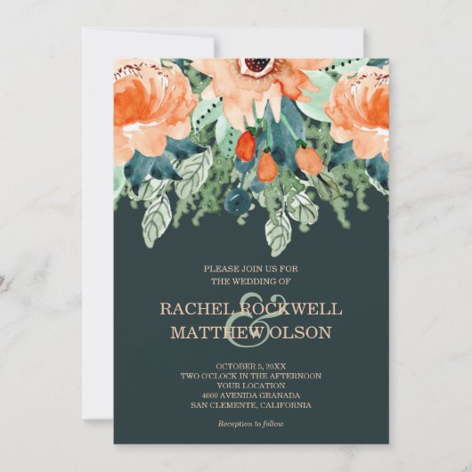 桃ティール（緑がかった色）フローラ水カラー結婚式招待状 (正面)