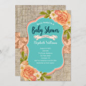 桃ティール(緑がかった色)ラップ水彩フラワーベビーシャワー 招待状 (正面/裏面)