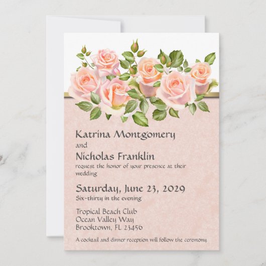 桃バラオンホワイトと金ゴールド結婚ズ 招待状 (正面)