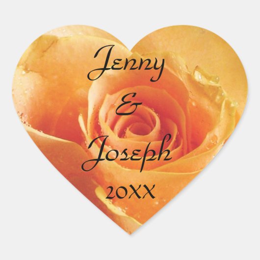 桃バラパーソナライズされた結婚ステッカー ハートシール (正面)