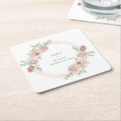 桃バラピンクグリーンフローラ金ゴールドフレーム結婚ズ スクエアペーパーコースター (アングル)