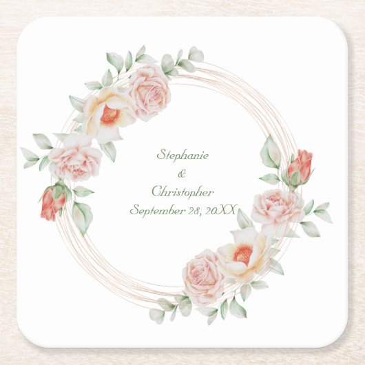 桃バラピンクグリーンフローラ金ゴールドフレーム結婚ズ スクエアペーパーコースター (正面)