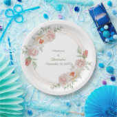 桃バラピンクグリーンフローラ金ゴールドフレーム結婚ズ ペーパープレート (パーティー)