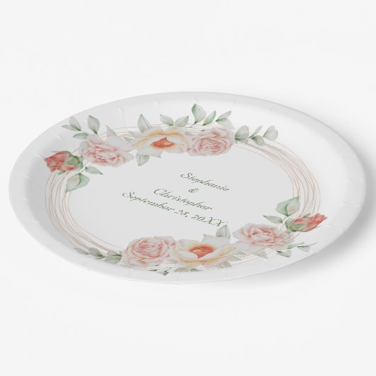 桃バラピンクグリーンフローラ金ゴールドフレーム結婚ズ ペーパープレート (アングル)