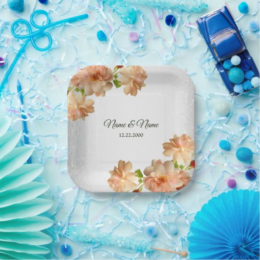 桃バラフローラシルバーグリッターウェディングパーティー ペーパープレート (パーティー)