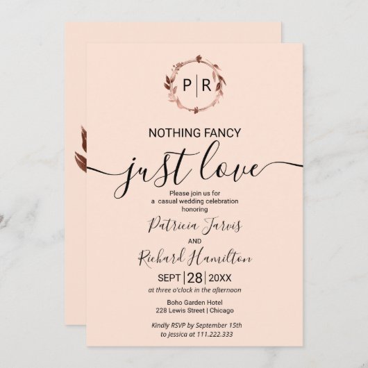 桃バラモノグラム書道結婚写真 招待状 (正面/裏面)