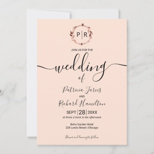 桃バラモノグラム書道結婚写真 招待状 (正面)