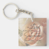 桃バラ勇気付けられるバイブル聖句詩篇27:1 キーホルダー (正面)